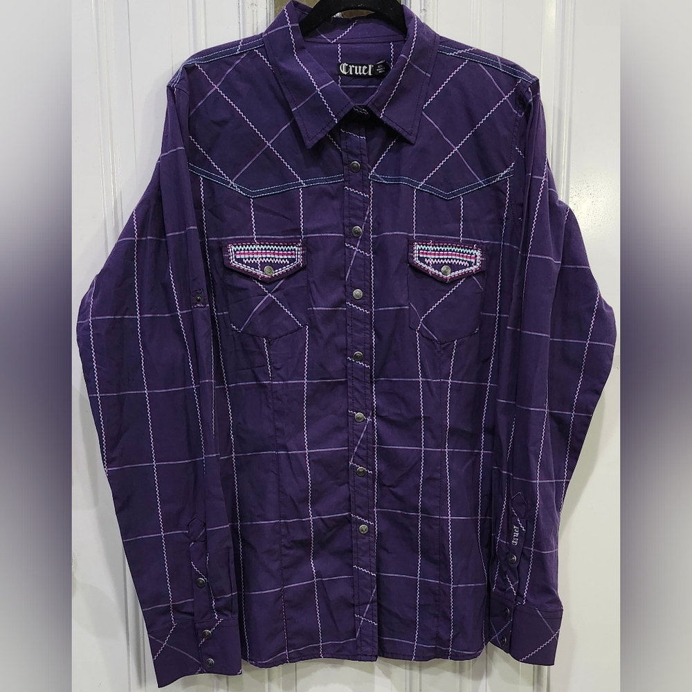Cruel Deep Purple Western Shirt White Grid Pattern Snap Front Women's Size XXL